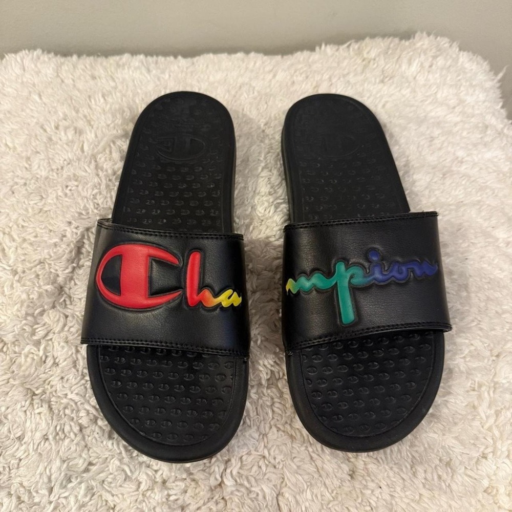 Champion Super Slide Black Rainbow Gradient Logo Sandals Womens 11 CM100383W